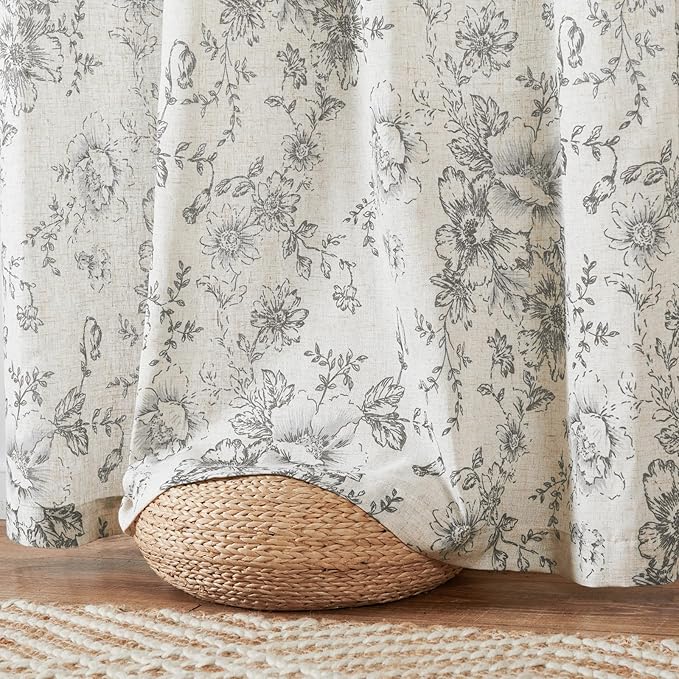 jinchan Linen Blend Curtain Floral Curtains for Living Room 108 Inch Length Grey Printed Curtain Rod Pocket Back Tab Farmhouse Peony Flower Patterned Drapes Bedroom Window Curtains Set 2 Panels