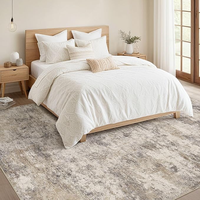 Nakagishi 7x9 Area Rugs Living Room: Washable Abstract Large Neutral Soft Rug Stain Resistant Modern Indoor Floor Non-Slip Carpet for Bedroom Nursery Kids Playroom Office Dining Room Dorm- Brown Grey