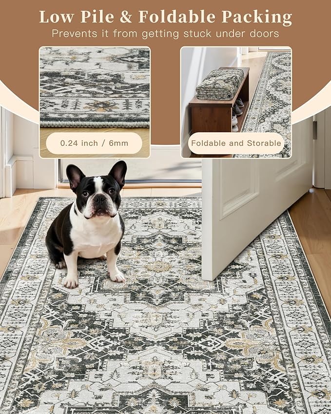 Madane Washable Area Rug 2x3, Small Entryway Rug Non-Slip Vintage Door Mat Indoor Entrance, Low Pile Floor Carpet for Inside Front Door Bedroom Kitchen Entry Laundry (2'x3', Black)