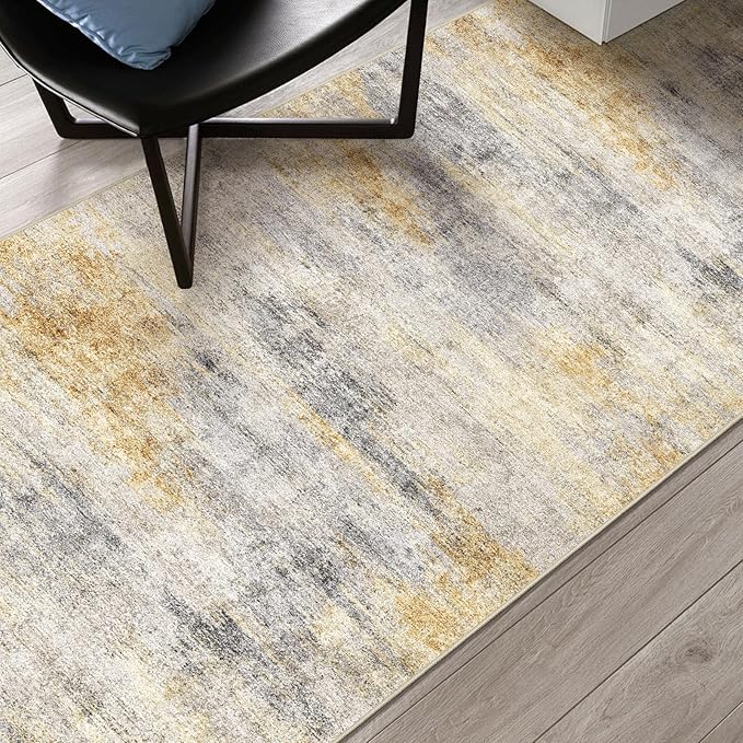 4x5 Washable Entryway Area Rug: Modern Abstract Runner Rugs Indoor Soft Non Slip Door Mat for Living Room Low Pile Thin Floor Carpet for Kitchen Dining Room Bedroom Home Office Decor(4x5,Grey/Yellow)