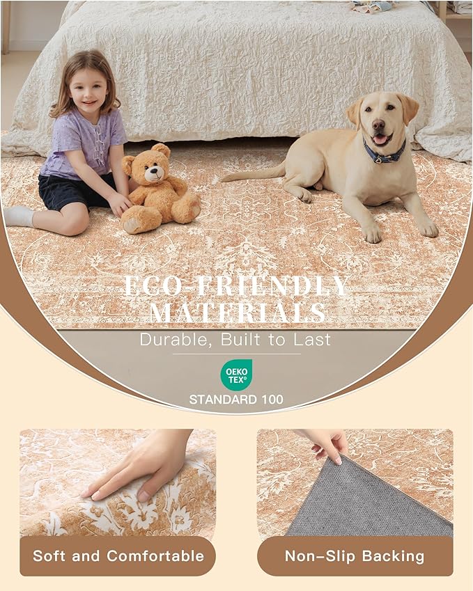 Madane 5x7 Area Rugs for Living Room, Washable Vintage Rug with Non-Slip Backing, Soft Floral Print Throw Rugs Floor Low Pile Carpet for Bedroom Dining Room Farmhouse (5 x 7, Jasper Orange)