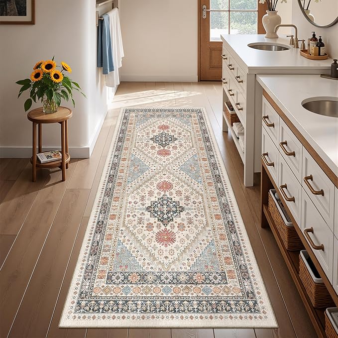 2x5 Rug Runner Washable for Entryway, Soft Bathroom Rugs with Non-Slip Backing,Vintage Low Pile Stair Runner, Small Kitchen Carpet for Hallways, Laundry Room(Blue/Red/Multi,2'x5')