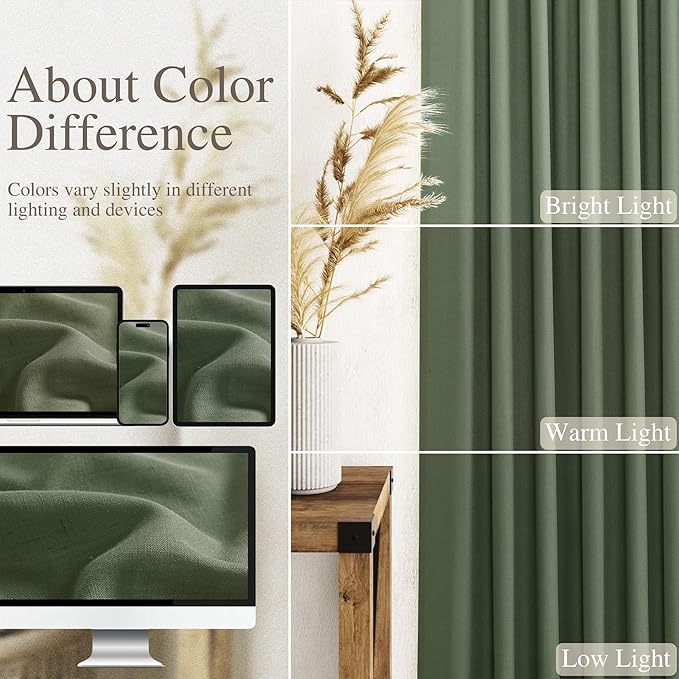 Nanspring Olive Green Linen Curtains for Living Room 2 Panels Set 126 Inch Length Back Tab Light Filtering Semi Sheer Curtain Drapes for Bedroom 52x126