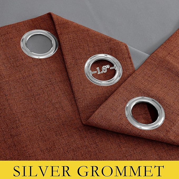 NICETOWN 100% Absolutely Blackout Linen Curtains with Thermal Insulated Liner, 62" Wide, 2 Panels, 108" Long Drapes, Grommet Retro Burnt Orange Linen Curtains Vertical Drapes Privacy for Bedroom