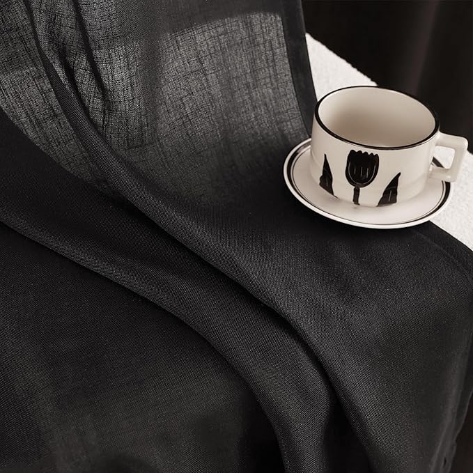 Black Linen Curtains 96 inches Long for Bedroom Back Tab Light Filtering Privacy Semi Sheer Black Curtains Living Room Boho Rustic Farmhouse Cotton Textured Gauze Curtain 2 Panel Set