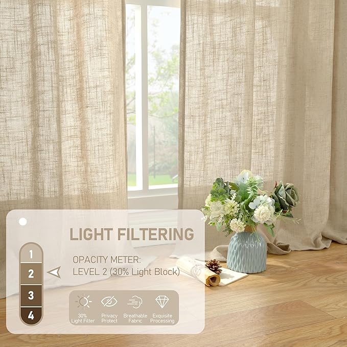 LAMIT Living Room Linen Curtains - 90 Inch, Back Tab & Rod Pocket, Light Filtering, Burlap Textured Sheer Curtains for Farmhouse, 2 Panels, 52 x 90 Inch, Brown