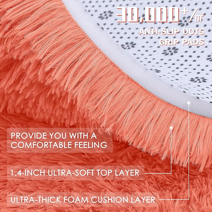 OLANLY Coral Red Round Rugs for Bedroom - Machine Washable, 2 ft Circle Area Rugs for Living Room, Soft and Fluffy Shaggy Carpet for Teen Girl and Boys, Nursery Rooms, Dorms, Home Decor Aesthetic