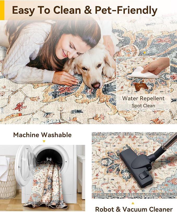 RELEANY Area Rugs 3'x10' Runner Rug Non Slip Washable for Kitchen Hallway Bedroom Beside Laundry Room Bathroom Rug, Floor Carpet, Beige Navy Blue Orange Colorful