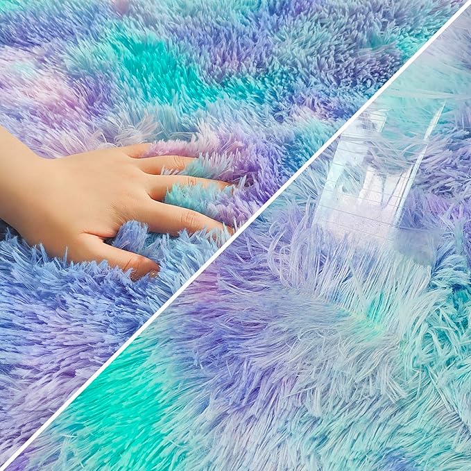 Super Soft Fluffy Living Room Area Rug 2x6 ft Purple Rainbow Tie-Dyed Shaggy Furry Carpet Washable Non-Slip Carpets Bedroom Bedside Nursery Rug Cute Colorful Room Decor for Girls