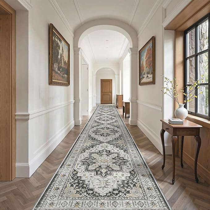 Madane Hallway Runner Rug 3x18 - Kitchen Rugs 18ft Washable Entryway Rug Vintage Kitchen Runners Non Slip Indoor Area Rug Farmhouse Carpet Runner for Bathroom Living Room Bedroom, Black