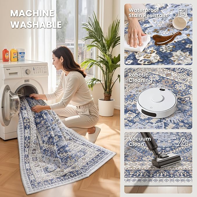 zesthome 5x8 Area Rugs - Ultra-Thin Washble Rug, Stain Resistant Anti Slip Backing Rugs for Living Room,Bedroom, Vintage Home Decor Area Rug (Blue/Beige,5'x8')