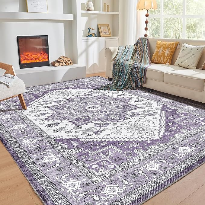 OPPODREAM Soft Area Rugs 3x5, Washable Rugs with Non Slip Backing, Low-Pile Throw 3x5 Carpet, Faux Cashmere 3 x 5 Carpet, Purple