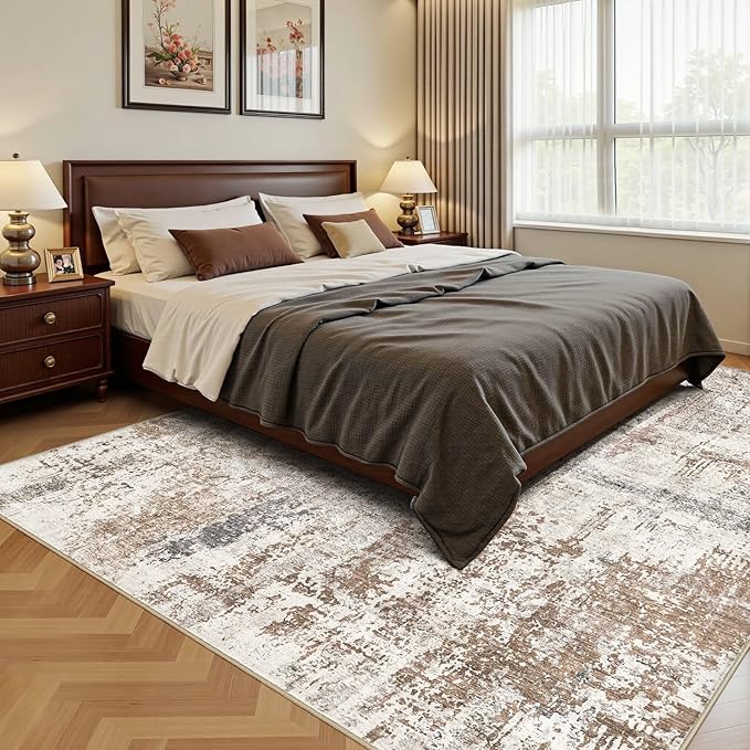 Area Rug Living Room Rugs - Washable Neutral Modern Abstract Soft Thin Rug Indoor Floor No Slip Rug Carpet for Bedroom Under Dining Table Home Office Decor - Brown/Grey/Red - 9x12