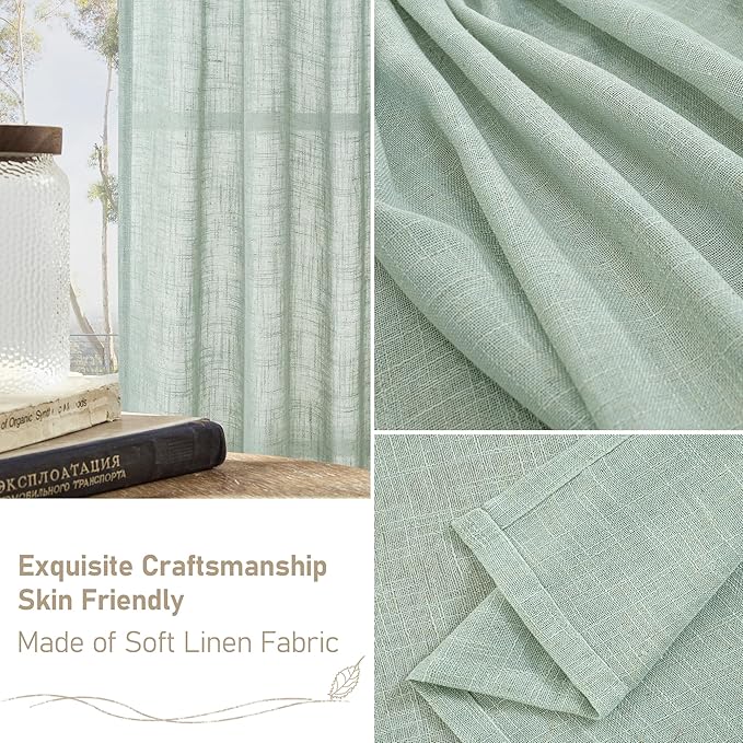 LAMIT Short Linen Window Curtains 30 Inches Long 2 Panels, Light Sage Semi Sheer Light Filtering Panels Back Tab and Rod Pocket Neutral Drapes for Basement/Small Windows, 34 x 30 Inch