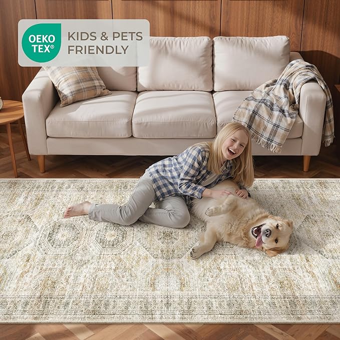 2x5 Rug Runner Washable for Entryway, Soft Bathroom Rugs with Non-Slip Backing, Abstract Low Pile Hallway Runner, Vintage Small Kitchen Carpet for Stair, Laundry Room(2'x5', Grey/Yellow)