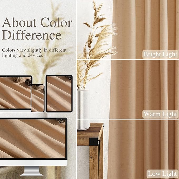 Nanspring Camel Linen Curtains 80 Inches Long for Bedroom Back Tab Light Filtering Privacy Semi Sheer Curtain Modern Farmhouse Decor Camel Linen Elegant Drapes for Living Room 2 Panels Set 52x80