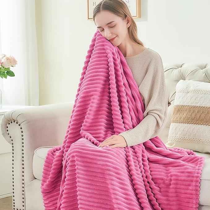 BEDELITE Fleece Blanket King Size – 3D Ribbed Jacquard Soft and Warm Decorative Fuzzy Blankets – Cozy, Fluffy, Plush Lightweight Throw Blankets for Couch, Bed, Sofa(Hot Pink, 108x90 inches)