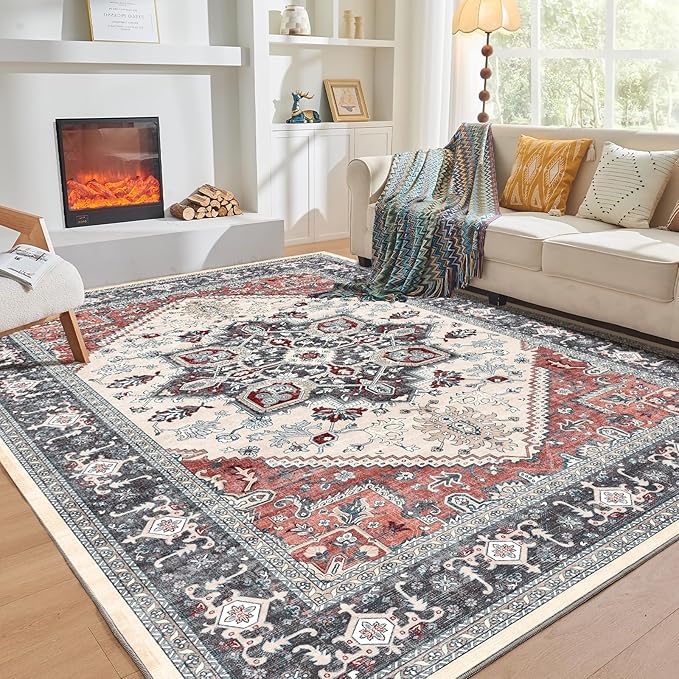 OPPODREAM Soft Area Rugs 9x12 Living Room, Washable Rugs 9x12 with Non Slip Backing, Faux Cashmere Low-Pile 9 x 12 Carpet, Black & Red