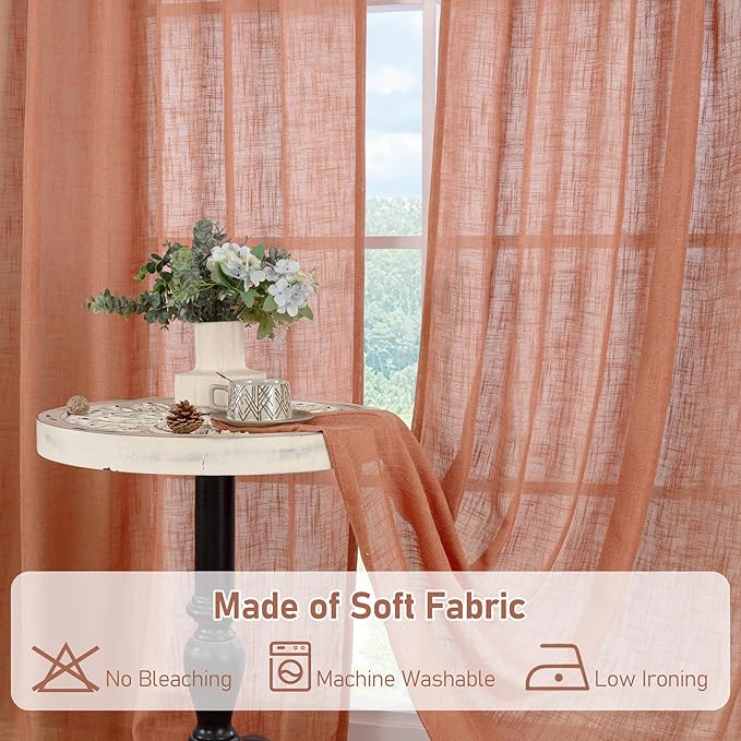 LAMIT Terracotta Linen Curtains 40 Inch for Small Window, Light Filtering Neutral Semi Sheer Window Boho Curtains Back Tab and Rod Pocket Panels for Living Room, 2 Panels, 34 x 40 Inch
