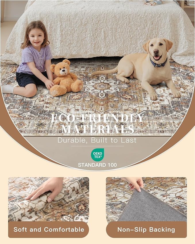 Madane Hallway Runner Rug 2'6''x16' Kitchen Runner - Non Slip Vintage Runners for Hallways Washable Soft Low Pile 2.5x16 ft Rug Runner for Laundry Room, Entryway and Bedroom, Turmeric/Grey