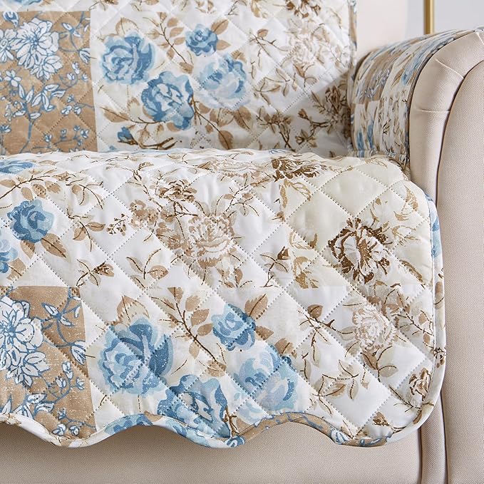Great Bay Home Reversible Floral Patchwork Recliner Furniture Protector - Machine Washable, Scalloped Edge, Stain Resistant, Printed Furniture Cover for Dogs, Kids, and Pets (Taupe/Blue)