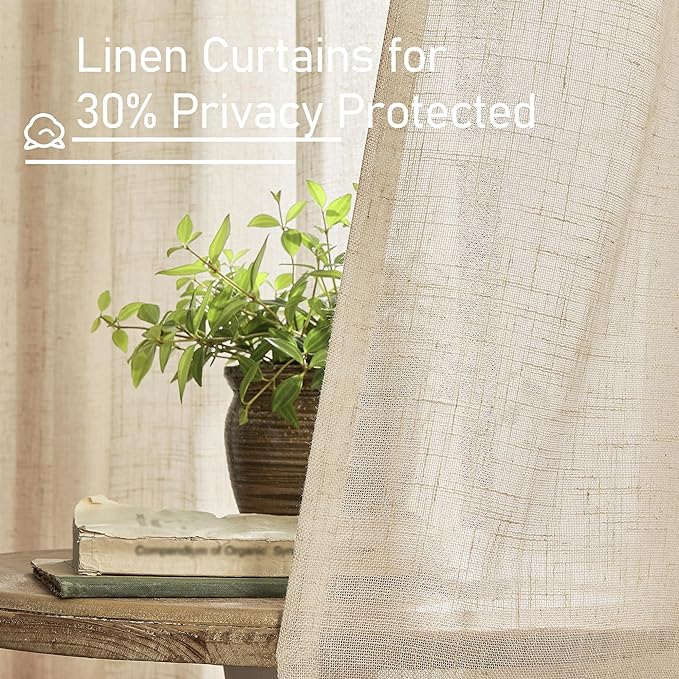 LAMIT Sheer Linen Curtains 63 Inches Long, Semi Sheer Light Filtering Panels Back Tab and Rod Pocket Small Cafe Drapes for Basement/Window/Loft Room, Linen, 2 Panels, 34 x 63 Inch