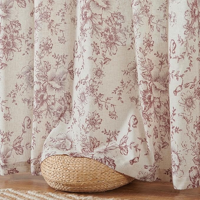 jinchan Linen Blend Curtain Floral Curtains for Living Room 45 Inch Length Farmhouse Brick Red Printed Curtain Rod Pocket Back Tab Peony Flower Patterned Drapes Curtains Set 2 Panels
