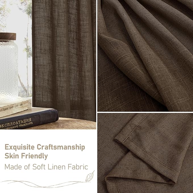 LAMIT Linen Curtains 48 Inch Length 2 Panels, Light Filtering Panels Back Tab and Rod Pocket Neutral Drapes for Kitchen/Window/Loft Room/Bedroom, 34 x 48 Inch, Dark Brown