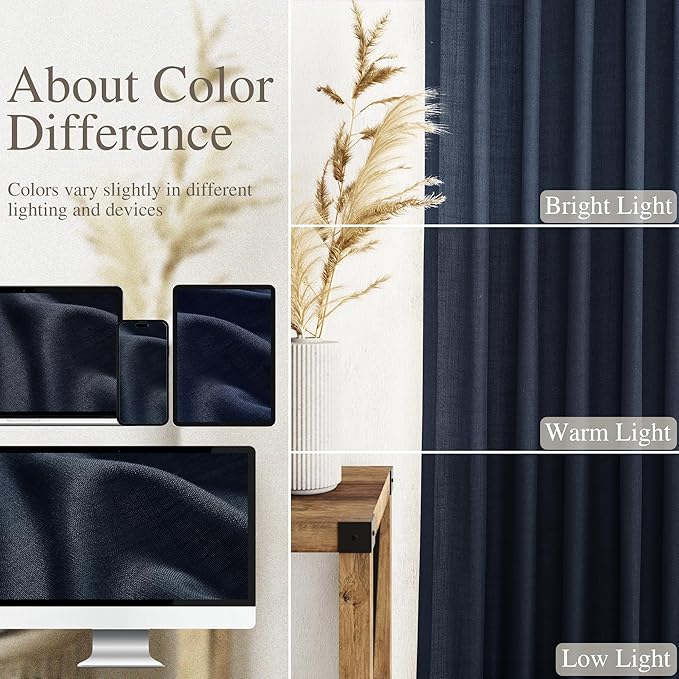 Navy Blue Linen Curtains 96 inches Long for Bedroom Back Tab Light Filtering Privacy Sheer Blue Curtains Boho Farmhouse Nautical Decor Indigo Blue Cotton Textured Draperies 2 Panel Set 52x96