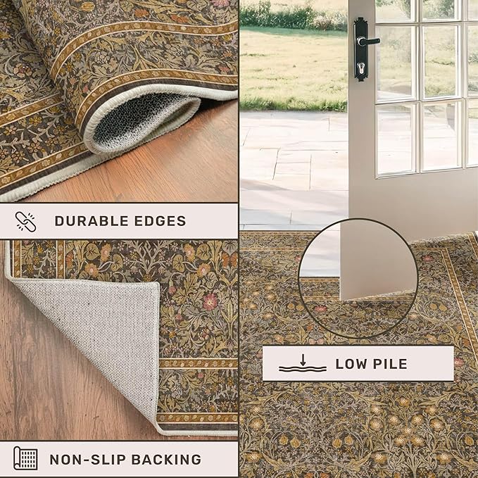 Washable 10x14 Living Room Rug - Brown Oriental Large Area Rug for Dining Room Under Table, Low Pile Non-Slip Floor Carpet for Bedroom Under Bed - Vintage Taupe Design & Stain Resistance