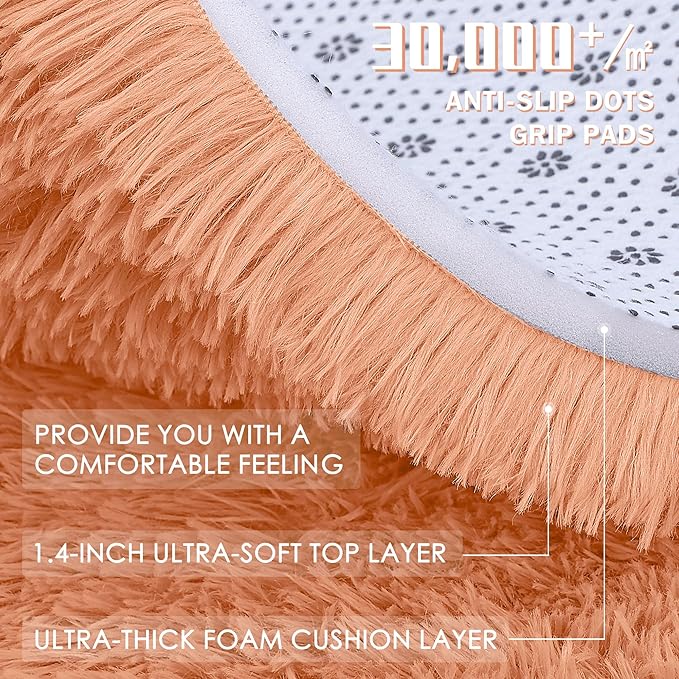 OLANLY Muted Orange Round Rugs for Bedroom - Machine Washable, 9 ft Circle Area Rugs for Living Room, Soft and Fluffy Shaggy Carpet for Teen Girl and Boys, Nursery Rooms, Dorms, Home Decor Aesthetic