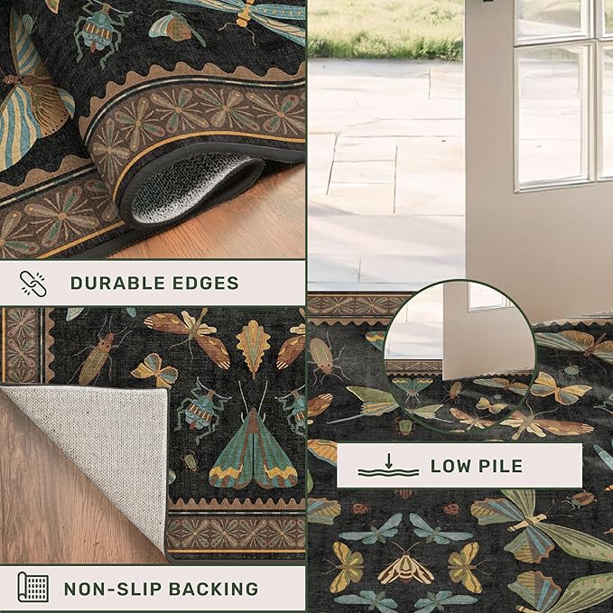 Green and Black 3x10 Wide Washable Runner Rugs for Hallway, Boho Insect Design Long Runner Rug for Kitchen Non Slip, Large Entryway Mats, Low Pile & Soft Stain Resistant Carpet