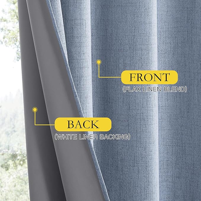 NICETOWN Stone Blue Vintage Linen 100% Blackout Curtains for Living Room, Thermal Insulated Curtains 90" Long, Noise Reducing Window Treatment Drapes for Home Office, 62" Wide Per Panel, Set of 2