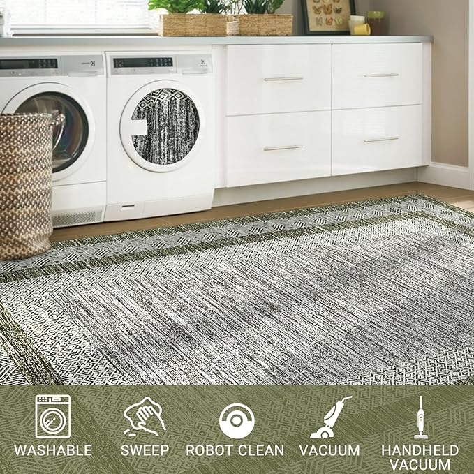 GarveeHome Modern Geometric Area Rug 5x7 Distressed Bordered Rug Washable Non Slip Floor Carpet Non Shedding Thin Rug, Soft Low Pile Rug, Contemporary Green Rug for Dining Room, Living Room