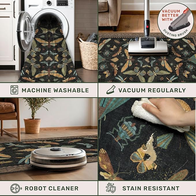Green and Black 3x10 Wide Washable Runner Rugs for Hallway, Boho Insect Design Long Runner Rug for Kitchen Non Slip, Large Entryway Mats, Low Pile & Soft Stain Resistant Carpet