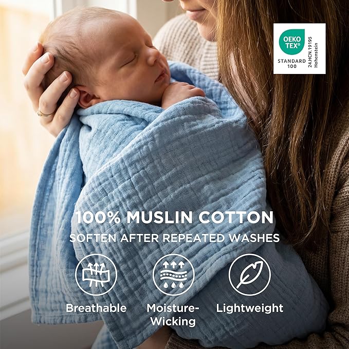 Bedsure 100% Cotton Muslin Blanket Queen Size for Bed - 4-Layer Breathable and Lightweight Thin Soft Summer Gauze Muslin Blankets for Adults, Blue, 90x90 Inches