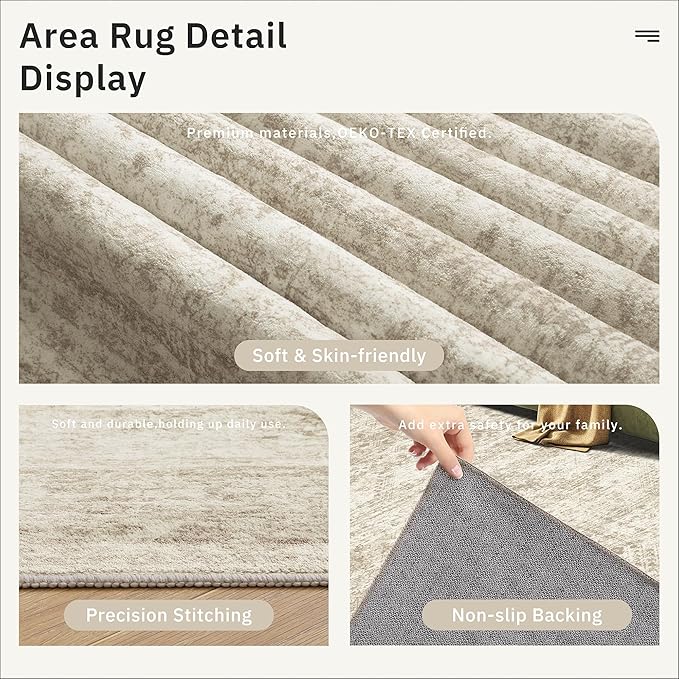 Area Rug 10x12 Vintage Washable Living Room Large Carpet Non Slip Bedroom Indoor Office Dining Room Low Pile Thin Rug Beige