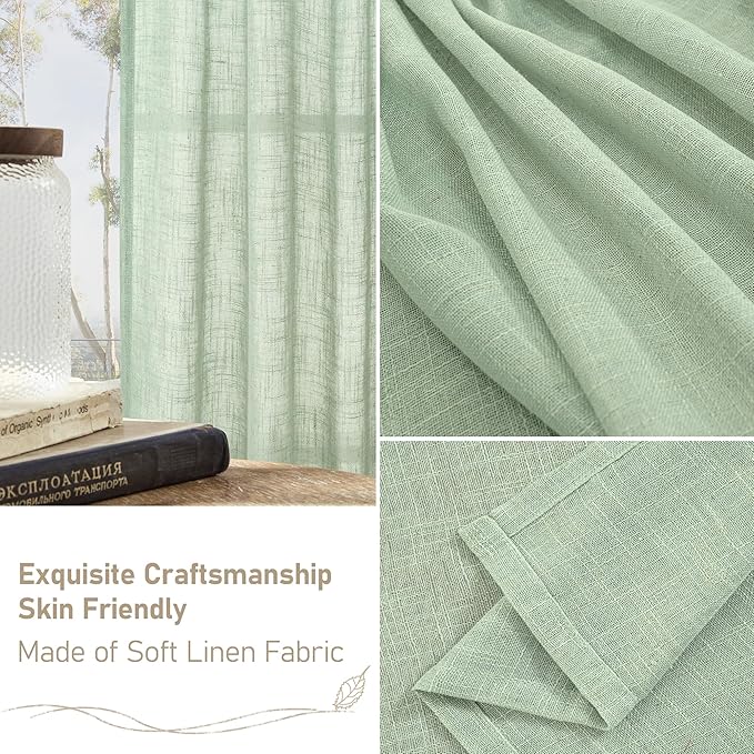LAMIT Linen Curtains for Living Room 84 inch Length 2 Panels, Light Filtering Semi Sheer Panels Back Tab and Rod Pocket Farmhouse Drapes for Bedroom/Sliding Glass Door, Fresh Green, 52 x 84 Inch