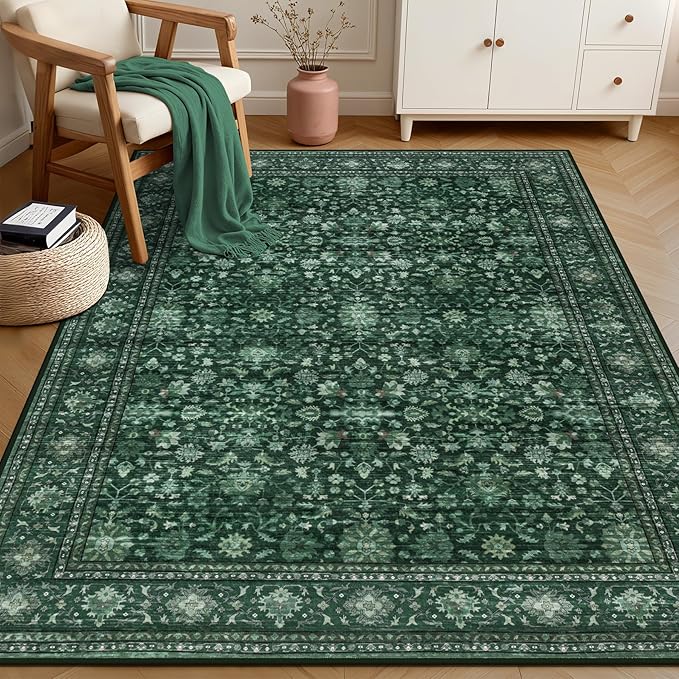 5x7 Area Rugs Living Room Rug: Washable Vintage Distressed Floral Rug No Slip Stain Resistant Soft Carpet Indoor Large Carpets for Bedroom Dining Room Farmhouse Nursery Hallway Home Office Deep Green