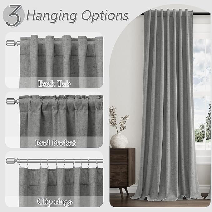 Guken Dark Grey 100% Blackout Linen Curtains 96 Inch Length 2 Panels Set for Living Room Bedroom Back Tab Rod Pocket Thermal Insulated Black Out Drapes Room Darkening Farmhouse Window Curtains,52x96