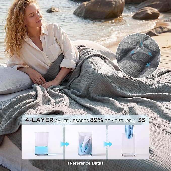 Bedsure 100% Cotton Muslin Blanket Queen Size for Bed - 4-Layer Breathable and Lightweight Thin Soft Summer Gauze Muslin Blankets for Adults, Grey, 90x90 Inches