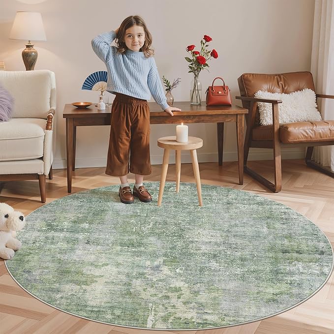 Soalmost 5x5 Green/Ivory Round Rug 5ft Living Room Circle Rug Vintage Round Area Rug Non Slip Indoor Carpet for Entryway Dining Room Bedroom