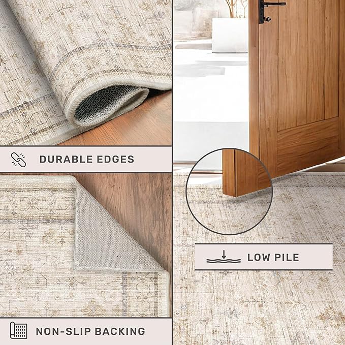Washable 2x8 Runner Rugs for Hallway Non Slip, Stain Resistant Farmhouse Kitchen Rugs, Geometric Floral Indoor Floor Mats for Entryway, Vintage Beige Home Décor, Low Pile & Soft Carpet