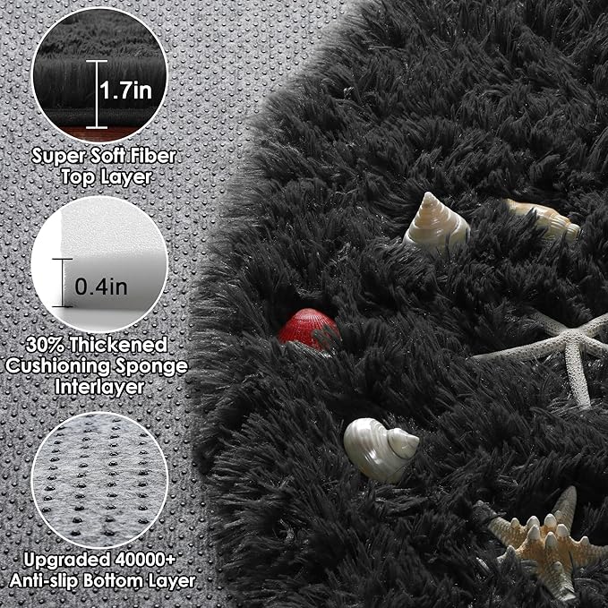 ONASAR Black Round Area Rugs 5ft, Soft Bedroom Circle Rug Floor Mats for Kids Girls Boys Teen Room, Fluffy Plush Shaggy Carpet for Baby Nursery Living Room Playroom Dorm Home Decor