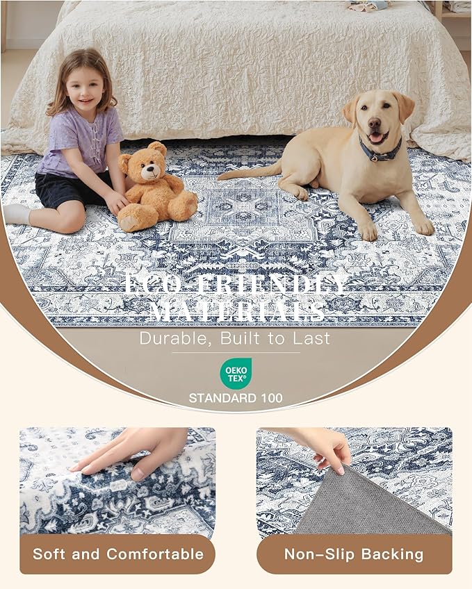 Madane Washable Area Rug 2x3, Small Entryway Rug Non-Slip Vintage Door Mat Indoor Entrance, Low Pile Floor Carpet for Inside Front Door Bedroom Kitchen Entry Laundry (2'x3', Navy/White)