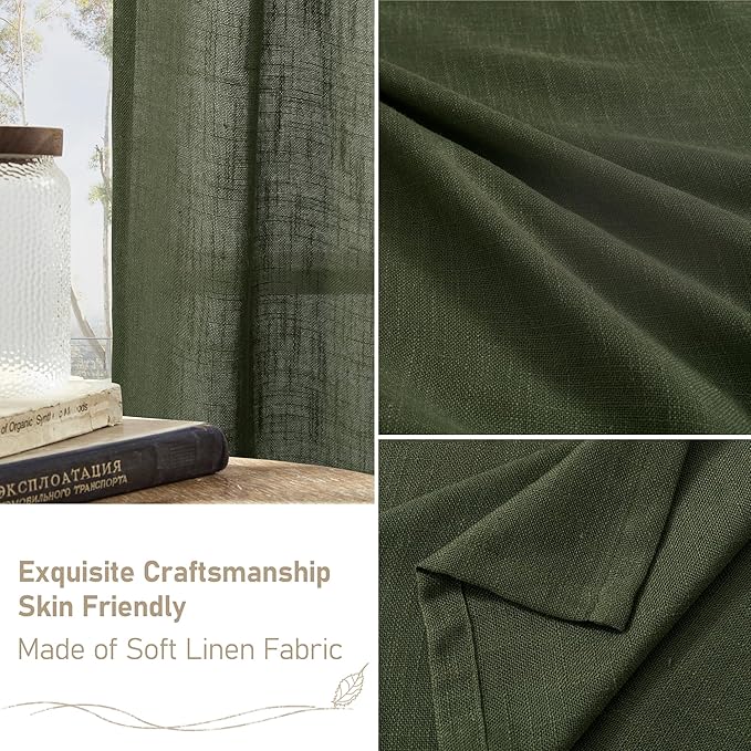 LAMIT Sheer Linen Curtains for Living Room, Back Tab and Rod Pocket Olive Green Curtains Light Filtering Country Rustic Christmas Drapes for Bedroom/Farmhouse, 2 Panels, 52 x 102 Inch