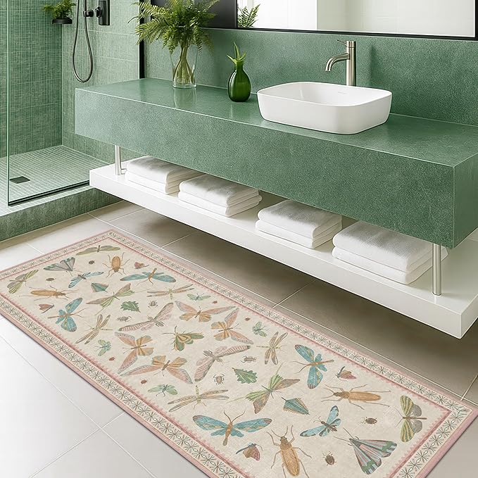 Hazo Haus Boho Bathroom Runners - 2x6 Pink Rug for Kitchen, Entry Way, Hallway, Non Slip Washable Butterfly Insect Print Home Decor