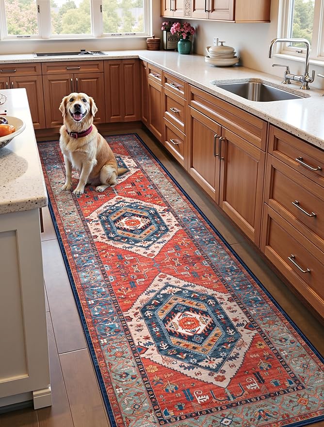 SERISSA Runner Rug for Hallways, 2'6"x10' Washable Non Slip Kitchen Runner Rug, Long Boho Rug Vintage Rust Hallway Stair Ultra Soft Print Floor Carpet for Bedroom Bathroom Laundry Room