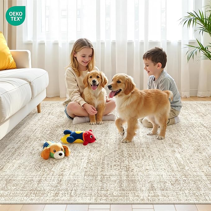 8x10 Area Rugs for Living Room, Non-Slip Backing Large Washable Rug for Nursery Room, Vintage Abstract Bedroom Rugs, Thin Indoor Home Decor Soft Farmhouse Rug (8'x10', Beige/Ivory)