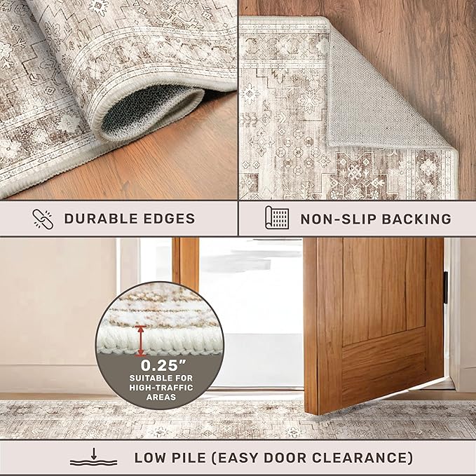 Beige Washable 2'6"x10' Extra Long Runner Rugs for Hallways, Non Slip Indoor Floor Mats for Entryway, Stain Resistant Long Floor Rug, Neutral Boho Floral Decor (2'6"x10' Beige/Latte)
